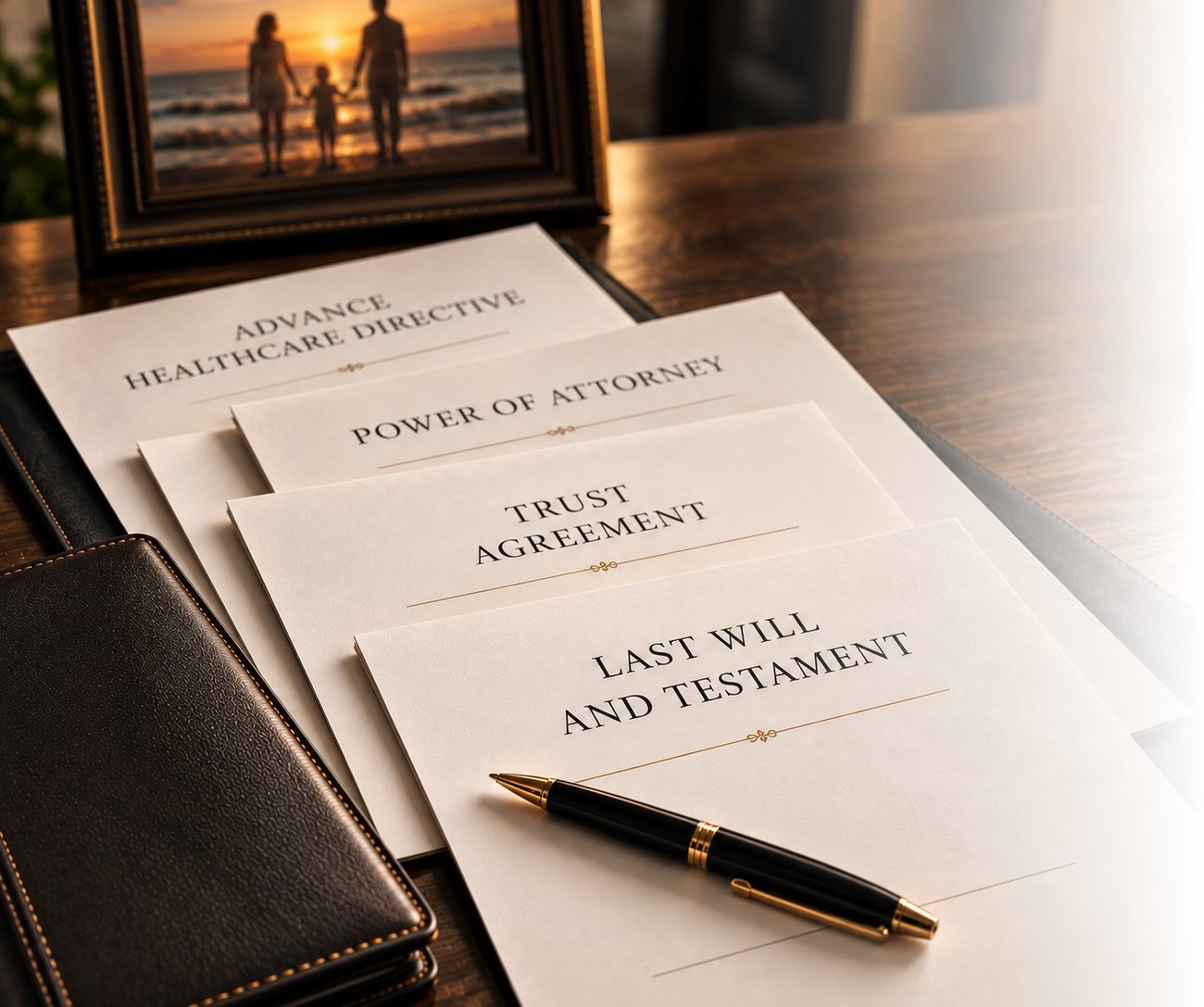 An advance healthcare directive, power of attorney, trust agreement, and last will and testament laid out on a desk beside a family photo